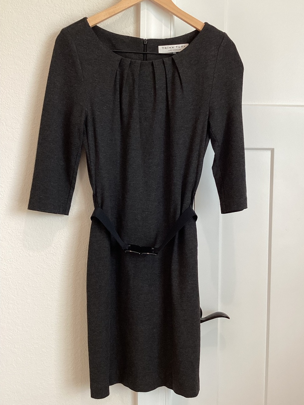 Trina Turk Gathered Neck 3/4 Sleeve Knee Length Belted Dress Grey Size 4